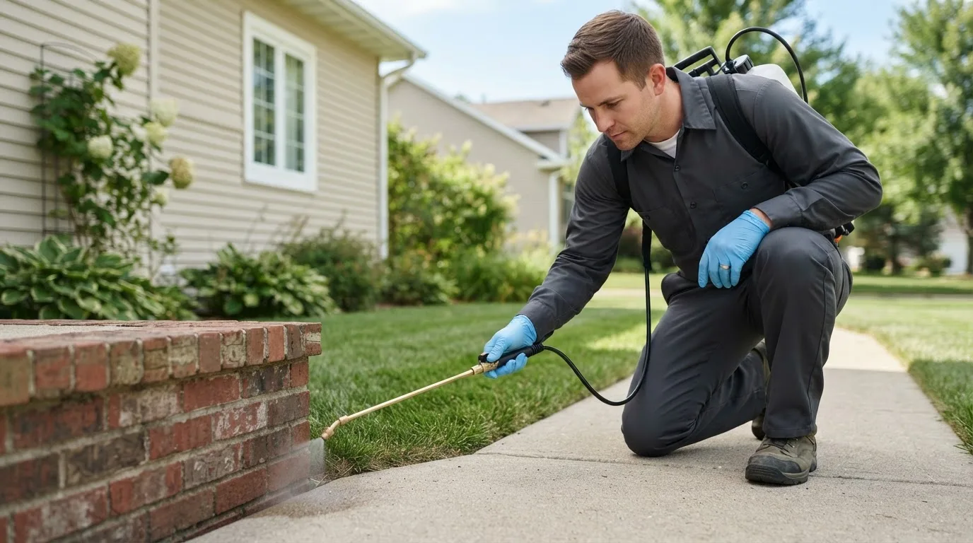 Pest control technician treating a home near Realitos, TX