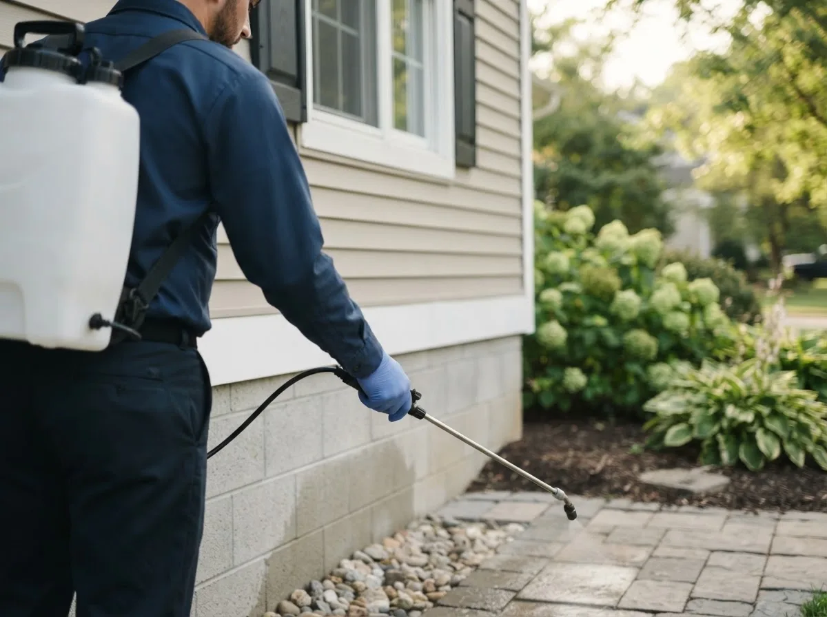 Pest control technician inspecting a home in Realitos, TX